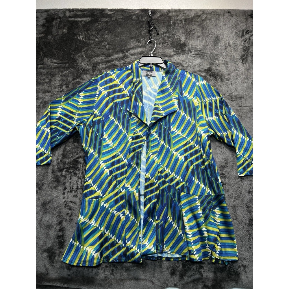 Slinky Brand Women's 2X Geometric Peplum Jacket Blue Green Made in USA